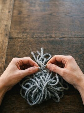 Hands untangling a ball of grey yarn on a wooden table, symbolizing mental health awareness and Yellow September