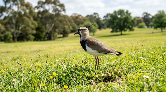 Crested Plover Standing on Lush Meadow Grass Native Shorebird Guarding Territory in Public Green Space  southern lapwing bird standing grassy field park birdwatching ecology conservation