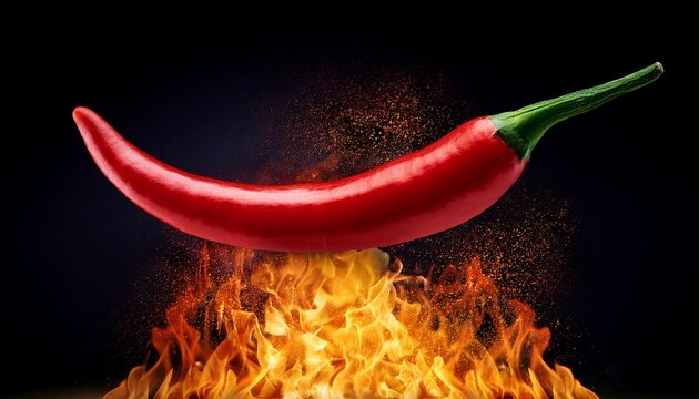 a red hot chili pepper on fire against a black background
