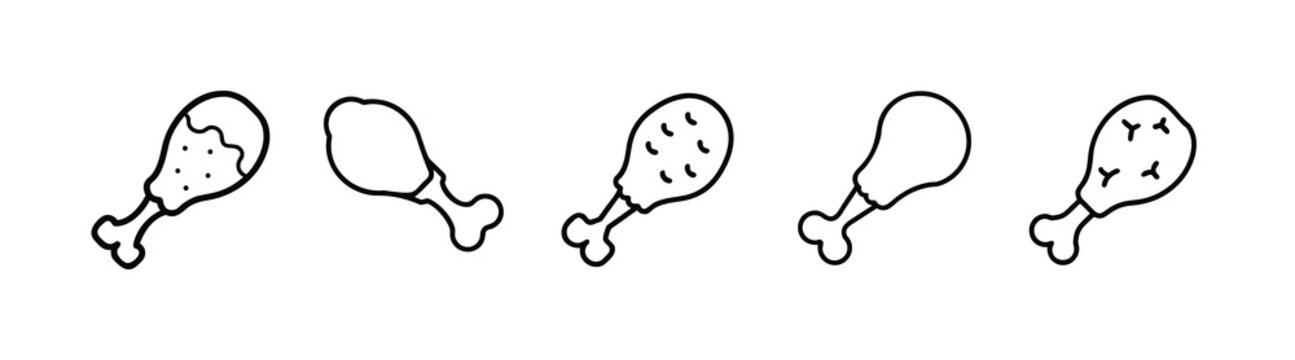 Fried chicken drumstick and fast food line icons set, crispy fried chicken drumstick, crunchy chicken leg piece, fast food chicken line asset  vector illustration with editable stroke