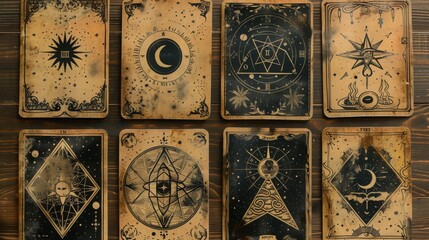 Obraz premium Vintage tarot cards decorated with intricate celestial symbols and geometric patterns are displayed in a grid formation on a rustic wooden surface.