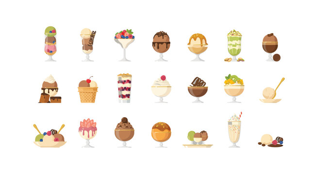 Contemporary collection of ice cream sundae and dessert icons in flat vector style for restaurant menu graphics