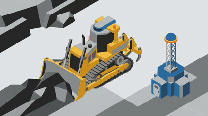 Yellow bulldozer and oil rig in isometric style. © Tomo