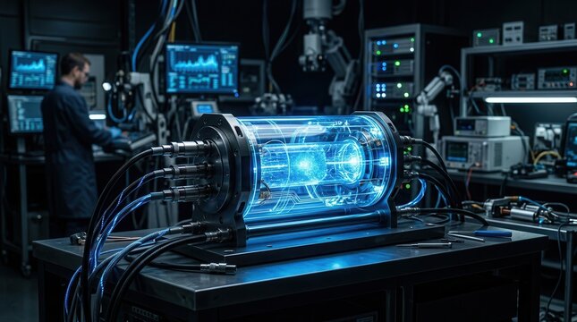 Futuristic holographic computer display with blue glowing interface in dark lab