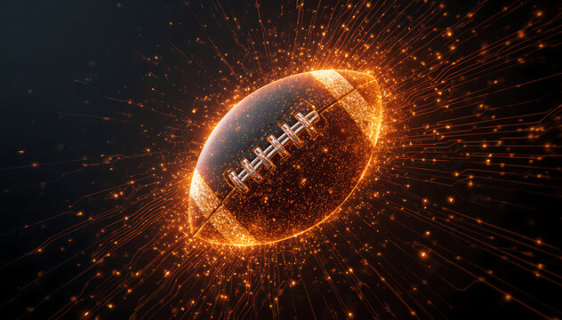 Exploding football bursting into digital microchips and sparks. High-tech sports data fragmentation with glowing particles and energy.