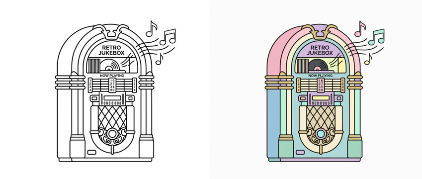 Retro Jukebox Illustration in Line Art and Pastel Colors