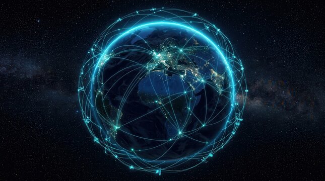 Glowing world map with network connections in dark space
