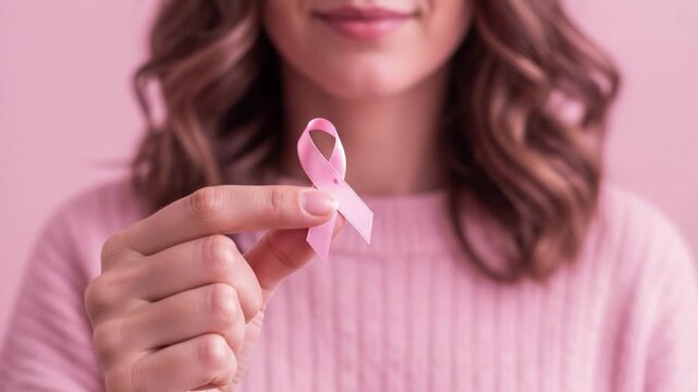 Woman holding pink ribbon for breast cancer awareness