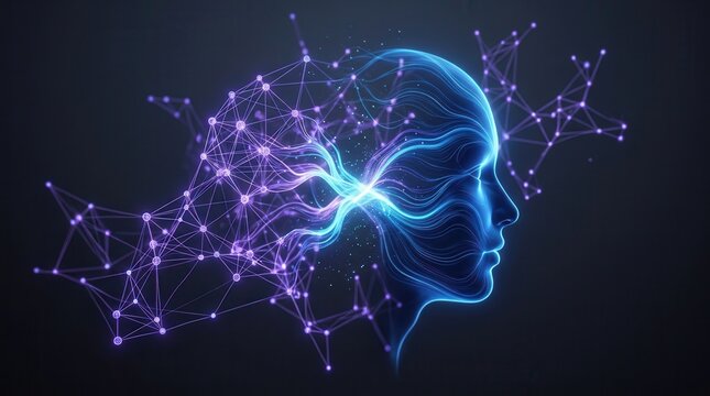 Human head profile with glowing neural network connections in dark background