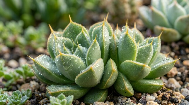 Succulent Plant Surface Featuring Golden Needle-Like Spines and Glistening Morning Dewdrops  Cactus Detail Yellow Thorns Sharp Spikes Water Droplets Succulent Skin Desert Flora Drought