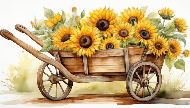 watercolor sunflowers in a rustic wooden wheelbarrow