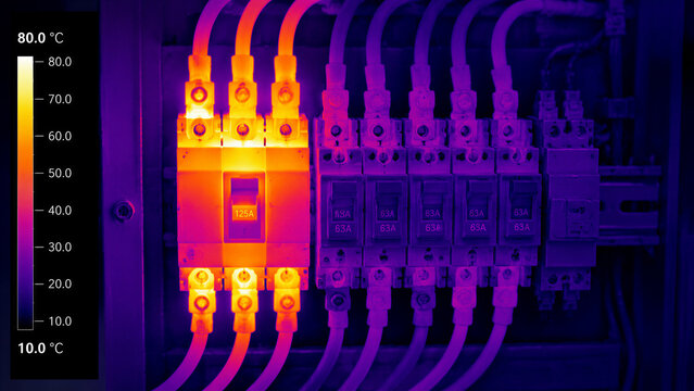 Electrical panel showing thermal hotspots in industrial control cabinet