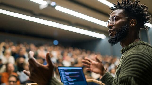 Male Speaker Presenting to Large Audience with Laptop