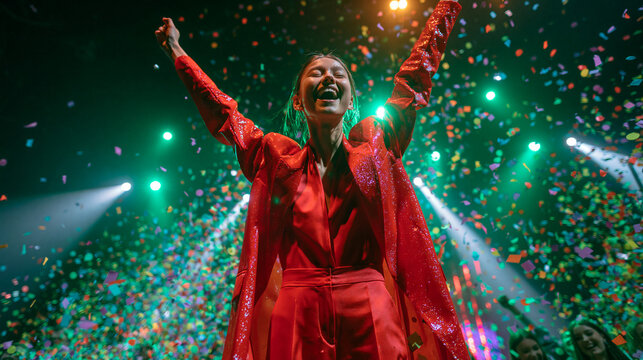 Woman Celebrating Success on Stage with Confetti