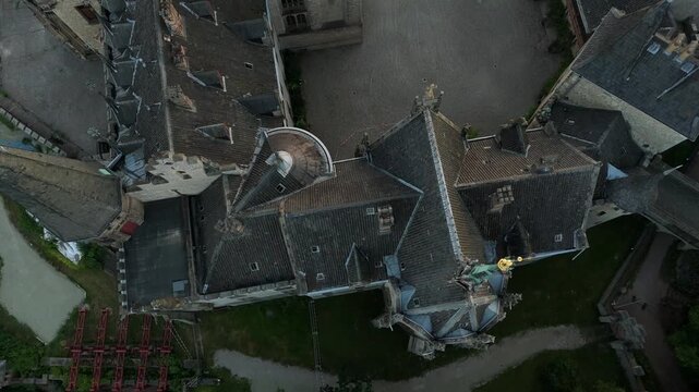 Top-down view of the rooftops and courtyard to revealing of Marienburg Castle
