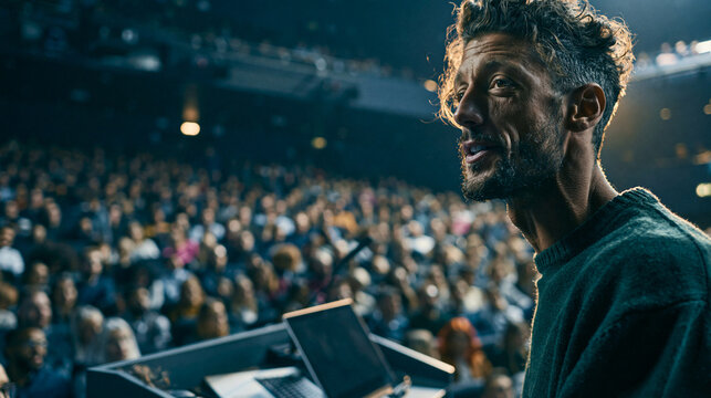 Male Speaker Presenting to Large Audience in Arena