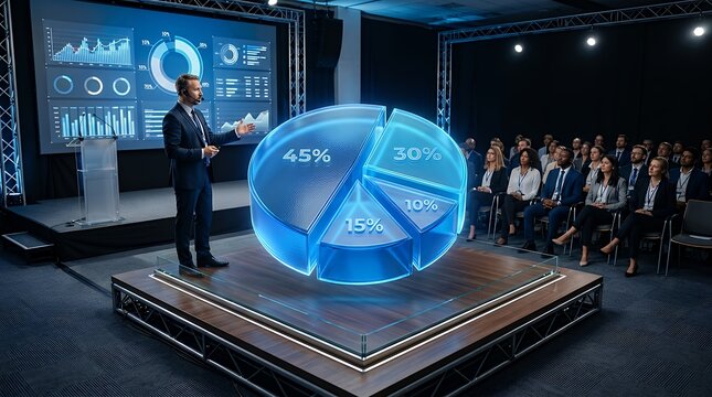 Translucent blue circular pie chart isometric render on corporate presentation platform  Isometric 3D render translucent blue circular pie chart corporate analytics stage data graph
