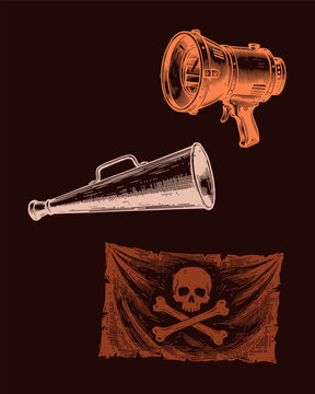 woodcut illustration of vintage maritime signaling tools, megaphone morse lamp and jolly roger pirate flag engraving