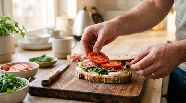 Hands making a sandwich for breakfast &mdash; daily meal preparation and morning routine concept.
