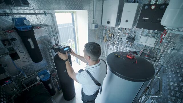 Technician maintaining whole house water purification and softening system in a mechanical room.