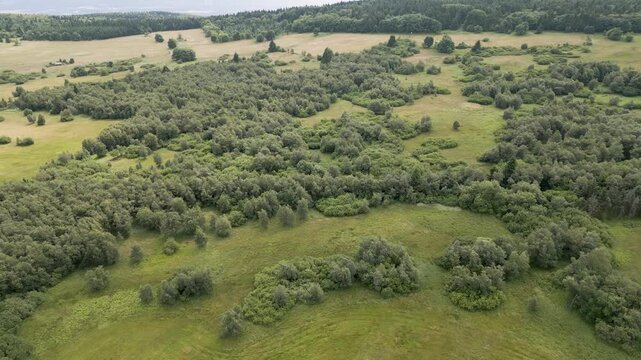 A high-angle aerial view captures the sweeping expanses of the rolling plateaus and agricultural meadows near F&uuml;rstenau in the Eastern Ore Mountains. Beautiful mountain landscape stretches across the 