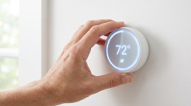 Close-up of Person Adjusting a Sleek Smart Home Thermostat on a Wall