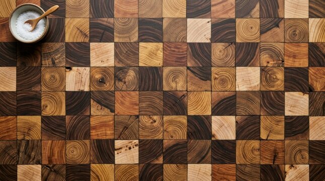Rustic end-grain wood butcher block background, checkered timber mosaic texture, dark and light walnut wood surface with salt bowl