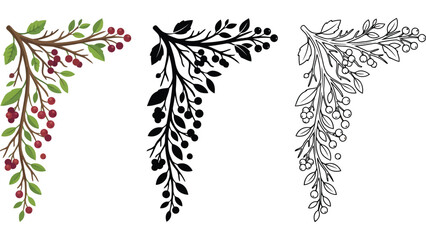 Autumn berry branch corner border. Decorative seasonal foliage frame with leaves and fruit. © Mahraz