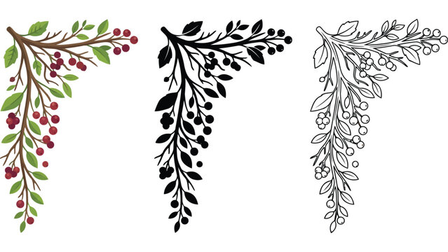 Autumn berry branch corner border. Decorative seasonal foliage frame with leaves and fruit.