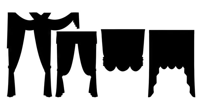 Black silhouettes of various window drapery styles.