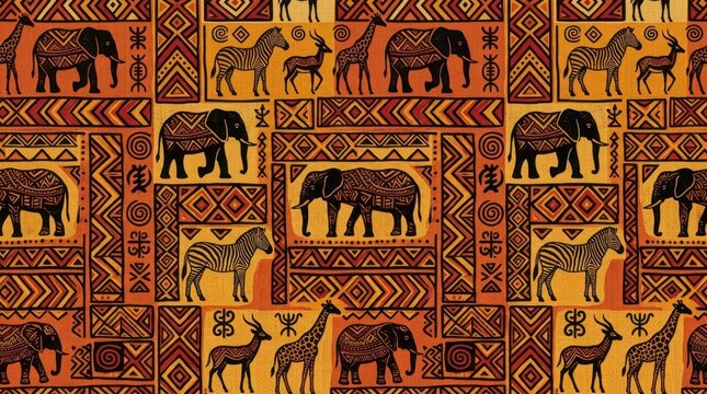 Vibrant African tribal pattern featuring elephants, zebras, giraffes, and antelopes amidst geometric motifs in warm earthy tones.