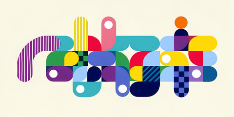 Fototapeta premium A whimsical arrangement of interlocking colorful puzzle-like shapes and textured elements. This joyful, modern composition highlights themes of connectivity, creative collaboration, and playful design