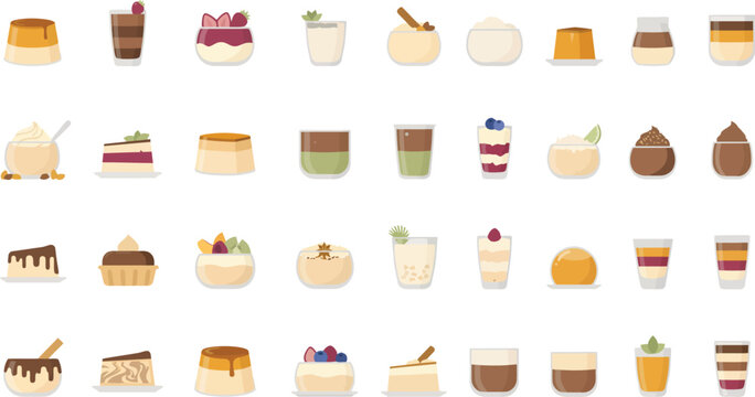 Minimal flat vector icon set of delicious desserts, puddings, cakes, and sweet drinks for menu and food design