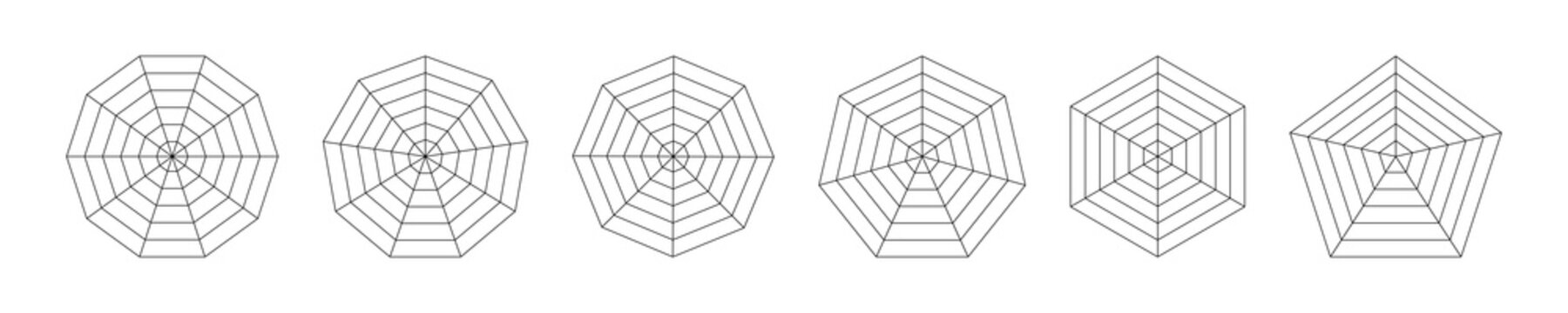 Spider radar diagram. Enneagon or nonagon, pentagon, hexagon, heptagon, octagon and decagon. Spider mesh. Flat grid 5,6,7,8, 9 and 10 segments. Coaching tool. Diagram for analytics, statistic.