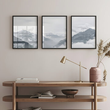 Three Framed Mountain Landscapes Hanging Over A Modern Wooden Console Table With Gold Lamp And Decor
