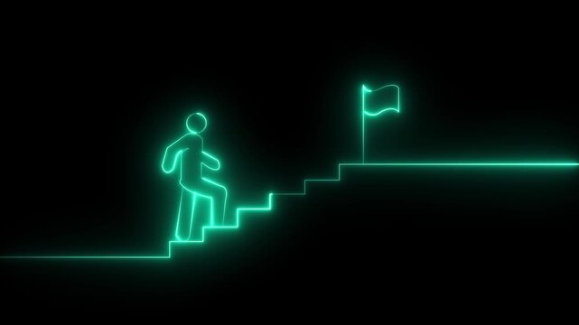 Man and stairs icon sign icon animation on Glowing neon business graph chart concept . Business concept growth and the path to success and earning, Neon man icon. Man and stairs icon sign icon
