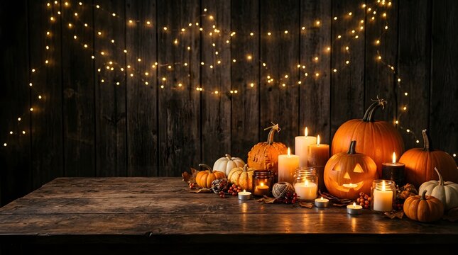 A festive Halloween display featuring carved and natural pumpkins arranged on a rustic wooden table, illuminated by soft candlelight and warm glowing string fairy lights.