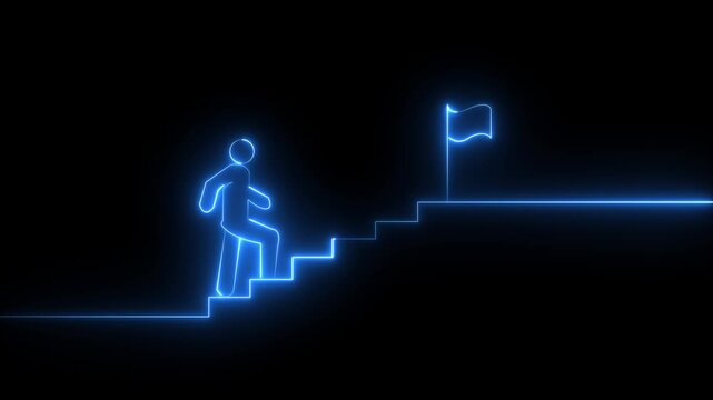 Man and stairs icon sign icon animation on Glowing neon business graph chart concept . Business concept growth and the path to success and earning, Neon man icon. Man and stairs icon sign icon