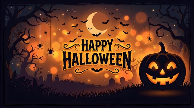 A festive Halloween illustration featuring a glowing jack-o'-lantern, a spooky graveyard, silhouetted trees, flying bats, and a crescent moon against a magical orange bokeh background.