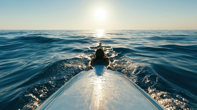 Back view of a person floating peacefully beside a surfboard in calm blue ocean water under warm sunlight. Tropical summer vacation, freedom, relaxation and coastal lifestyle.