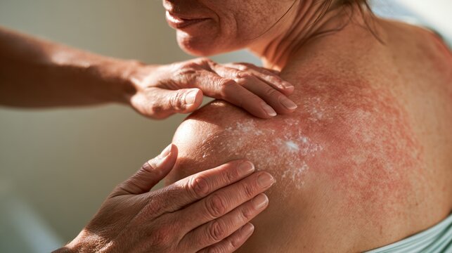 Close-up of a woman's sunburned shoulders after sun exposure while another person applies soothing cream. Summer skincare, sun protection and skin damage prevention concept.