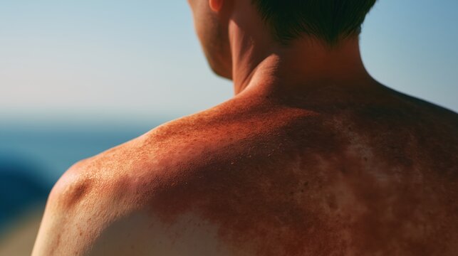 Back view of a man with visibly sunburned shoulders after prolonged sun exposure. Summer skin damage, UV radiation, sun protection and sunscreen awareness concept.