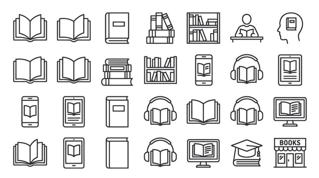 Minimalist book and library line icons for reading and education.