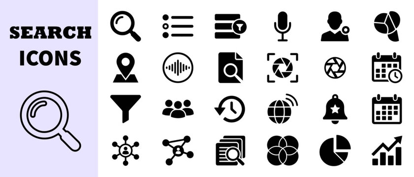 Black search icons set for user interface and web design