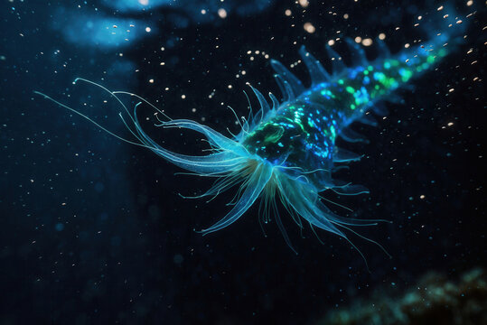 Glowing bioluminescent polychaete worm in dark ocean waters with copy space