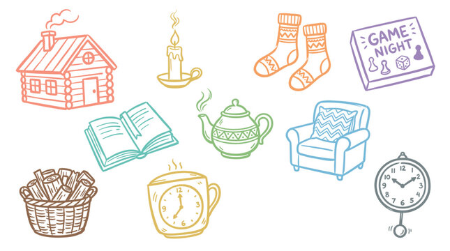 Cozy home comfort items collection in charming outline illustrations depicting a warm and relaxing domestic atmosphere perfect for leisure activities.