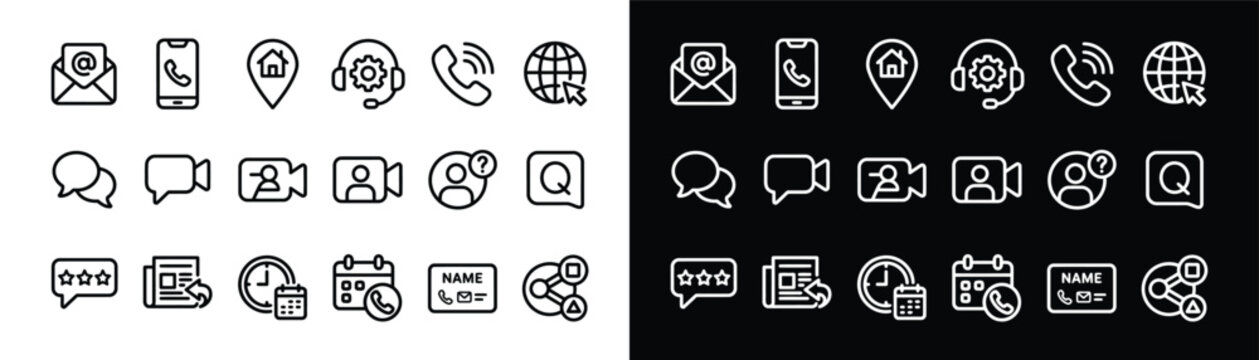 Communication and support line icons set white on black and white backgrounds