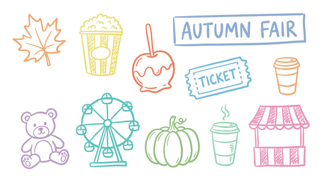 Vibrant hand-drawn autumn fair elements illustrate seasonal festivities with a maple leaf, popcorn, candy apple, ticket, coffee, teddy bear, Ferris wheel, pumpkin, and market stall.