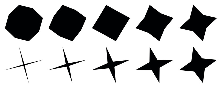 Geometric polygon transformations and four point stars demonstrate abstract vector shape morphing for creative design, logo concepts, mathematical graphics, modern illustration collection