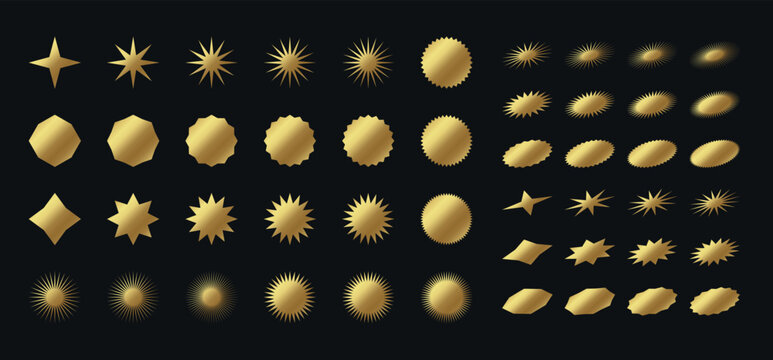 Versatile set of gold starburst badges circles and radiant seals designed for luxury promotions premium packaging certificates marketing labels and elegant branding projects